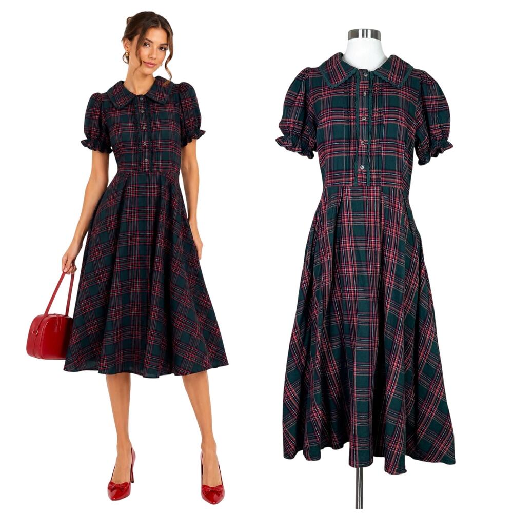 Ivy City Co | Sophia Plaid Green Red Tartan Puff Sleeve Holiday Midi Dress 8